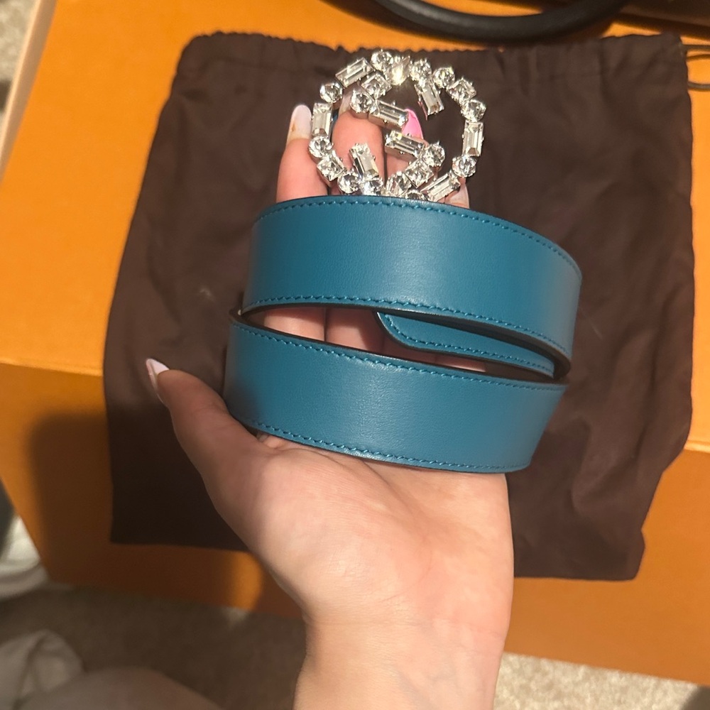 Authentic Gucci Blue Belt with Sparkling Crystal Buckle